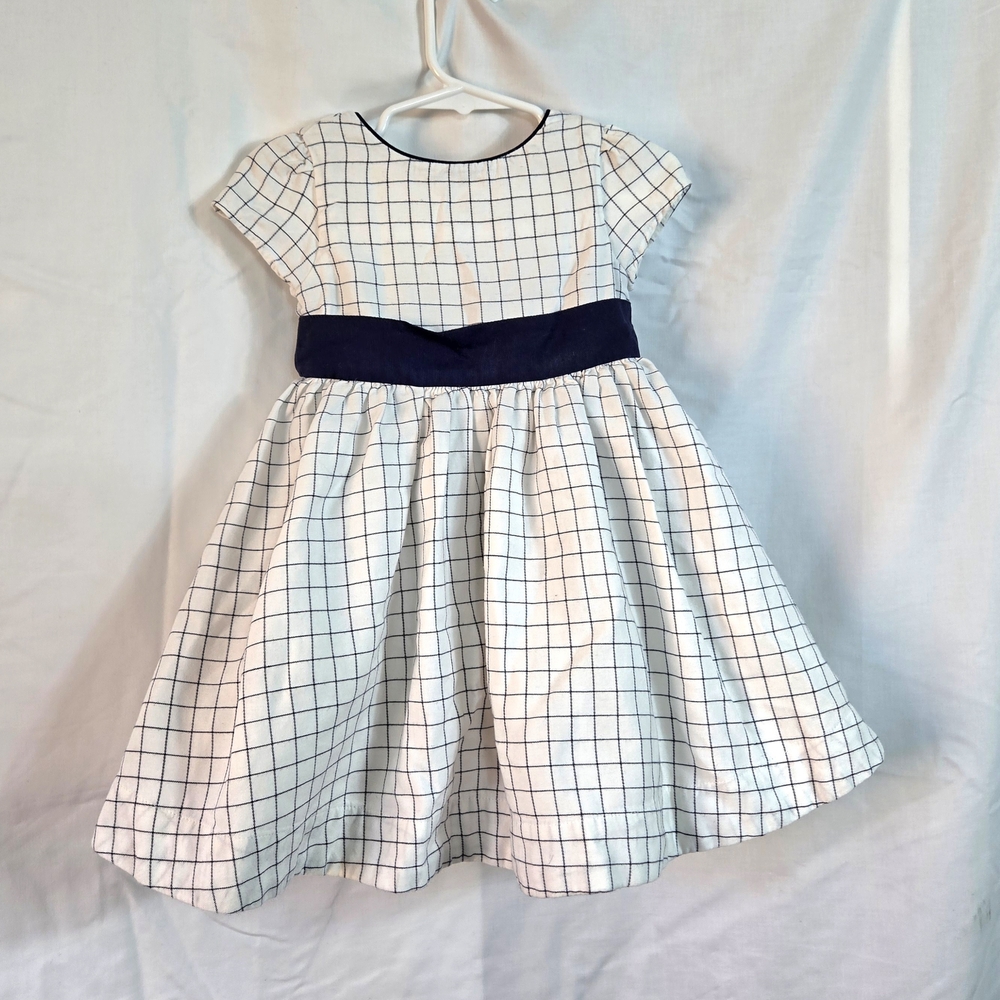Hope & Henry Girl White Navy Check A-Line Cap Sleeve Organic Cotton Dress 18-24M